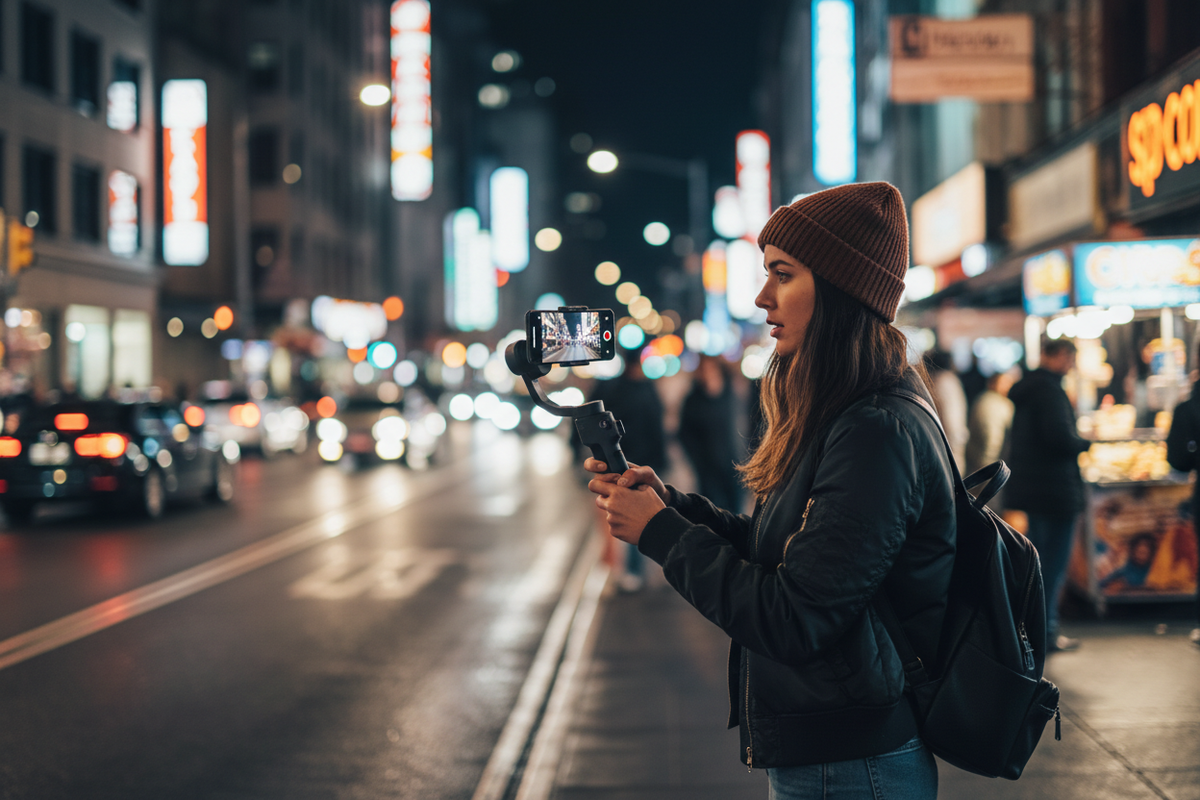 Content creator using phone gimbal stabilizer filming city at night