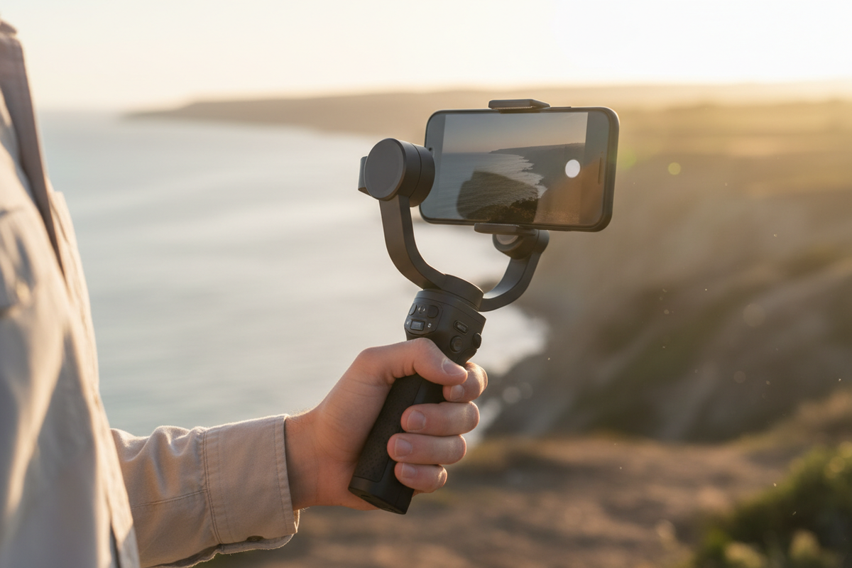 Person filming outdoors with mobile phone gimbal stabilizer at golden hour